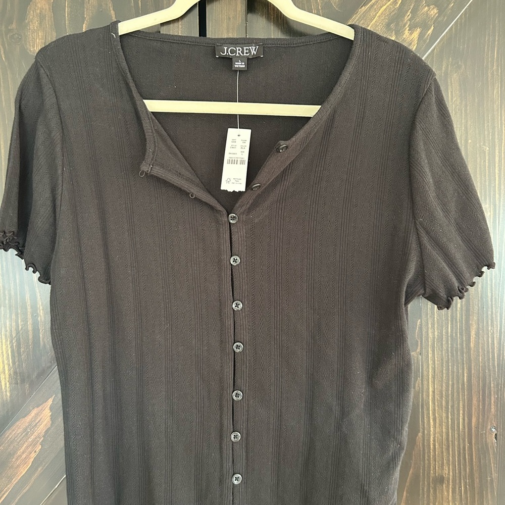 NWT J. Crew Black Pointelle Short-Sleeve Button Front Top size Large
